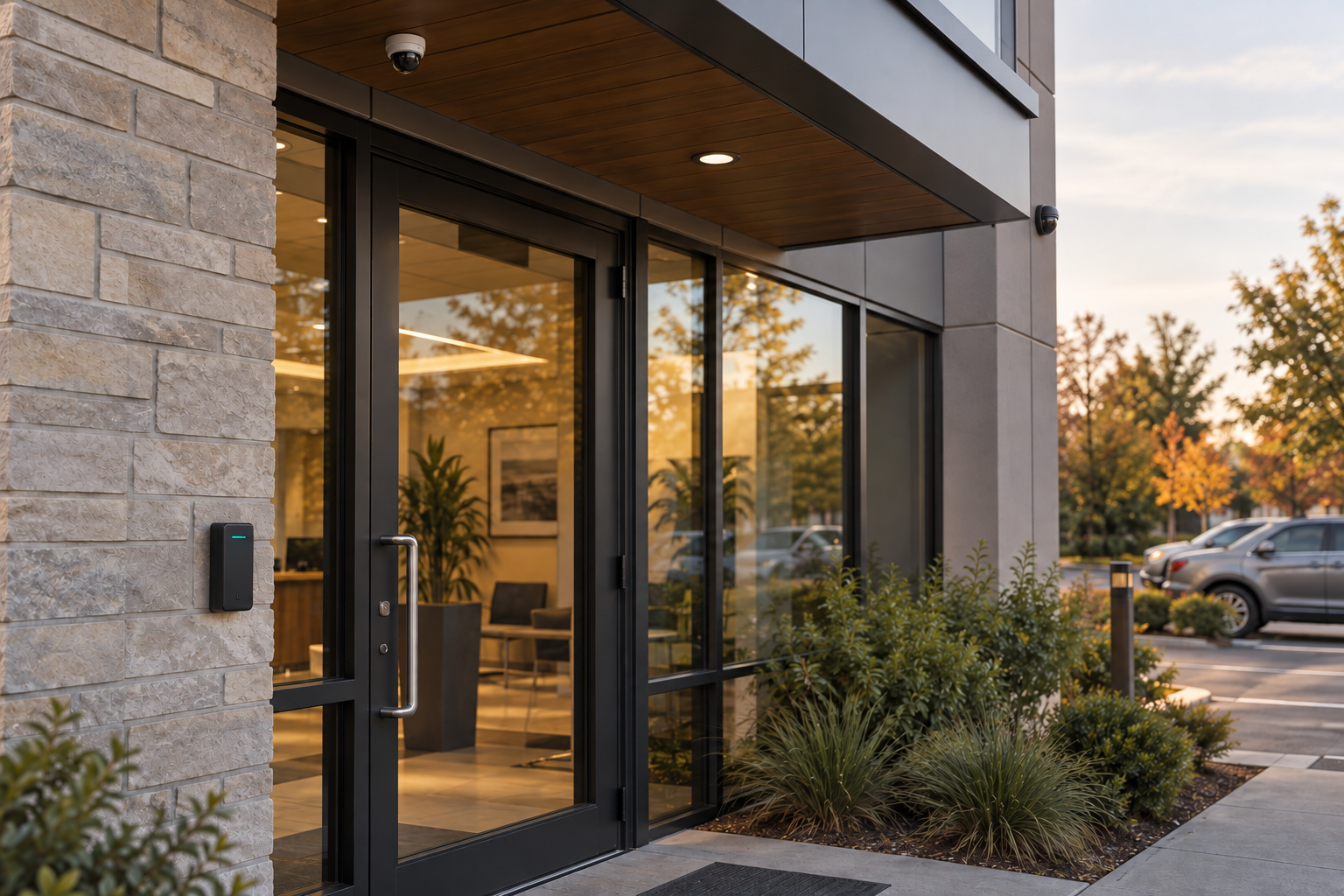 Illustrative commercial entrance with two discreet dome cameras and an access-control reader