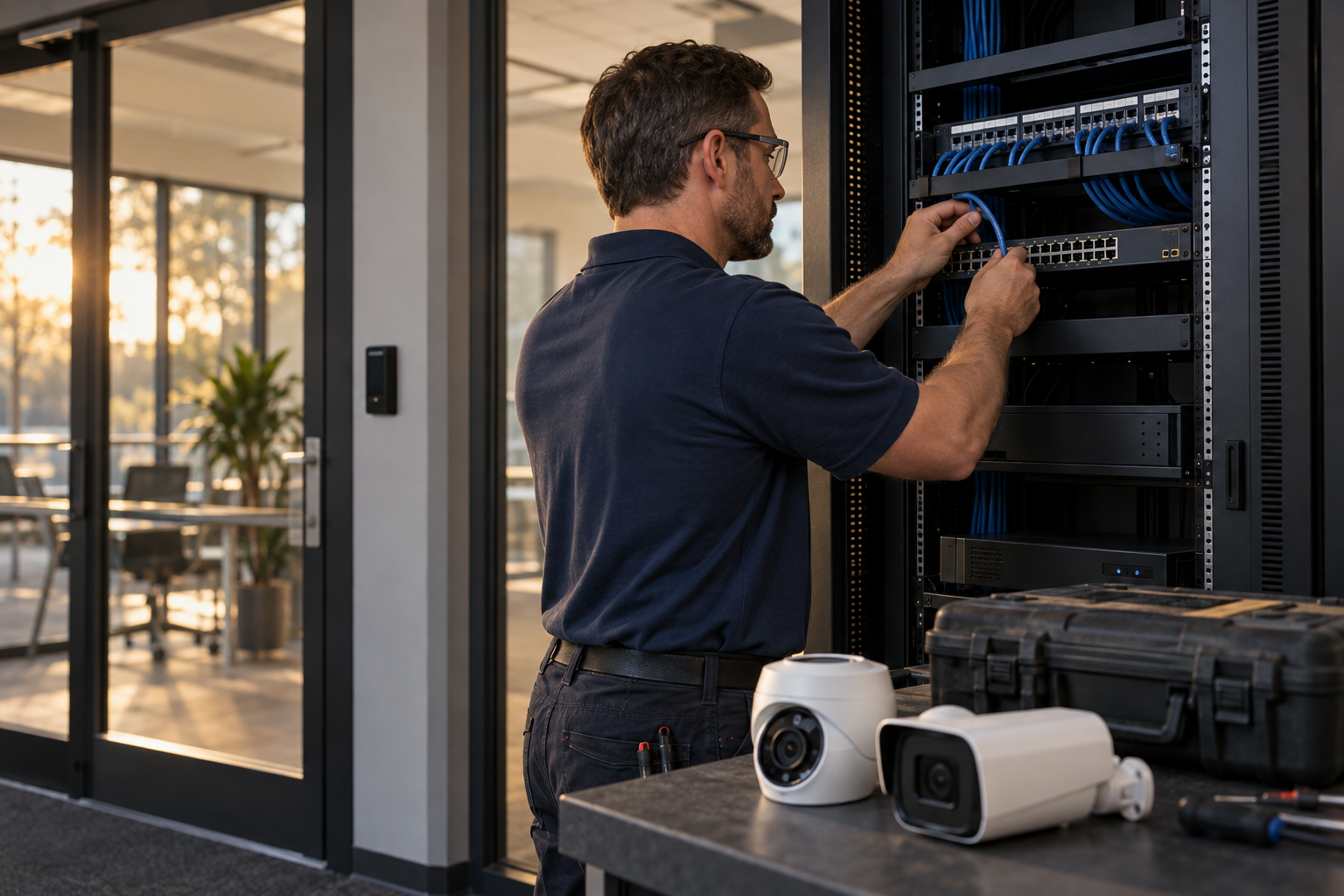 Illustrative security technician working at a network rack, with turret and bullet cameras on the workbench